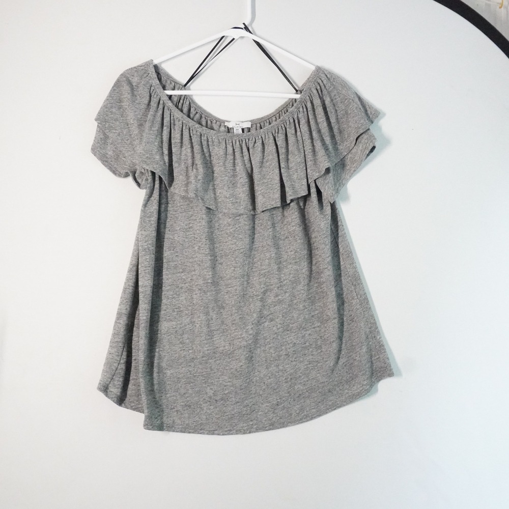 Halston Gray Ruffle Top Off‎ Shoulder Short Sleeve Blouse Size S/P